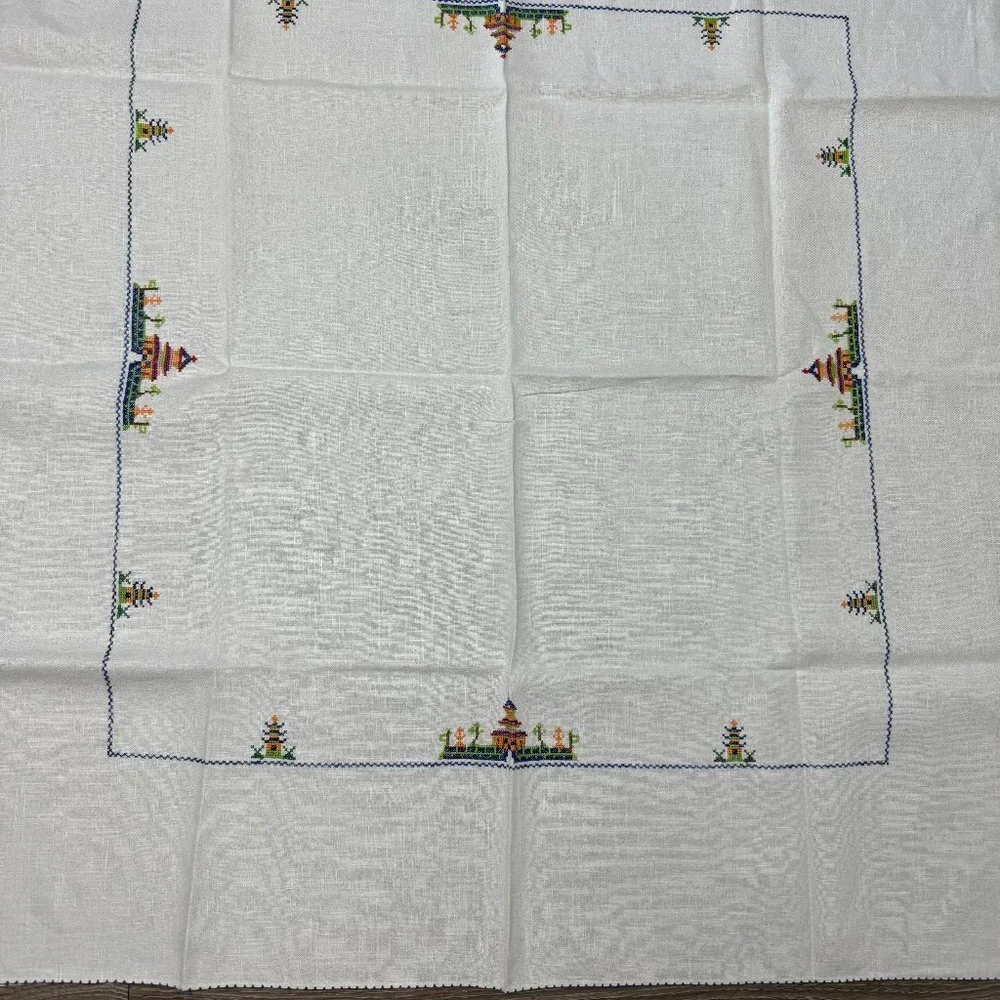 Vintage Cross Stitched Tablecloth Asian Style Pagoda